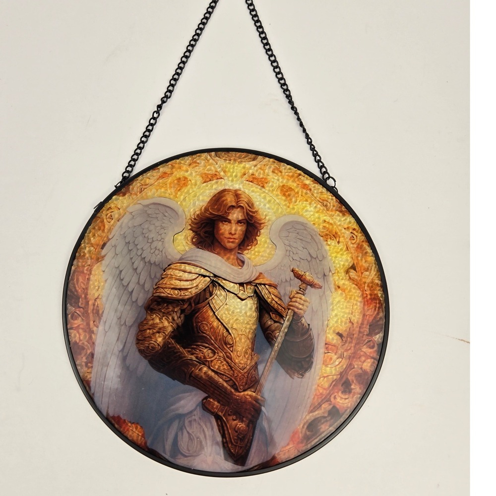 Archangel Michael Suncatcher Round Glass Wall Hanging Gold Armor Religious Art
